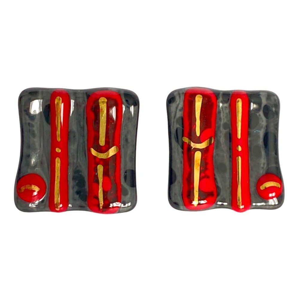 Abstract Geometric Fused Glass Gray Red Gold Black Lightweight Pierced Earrings